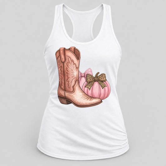 Pink Cowgirl Boot & Pumpkin racerback tank in White