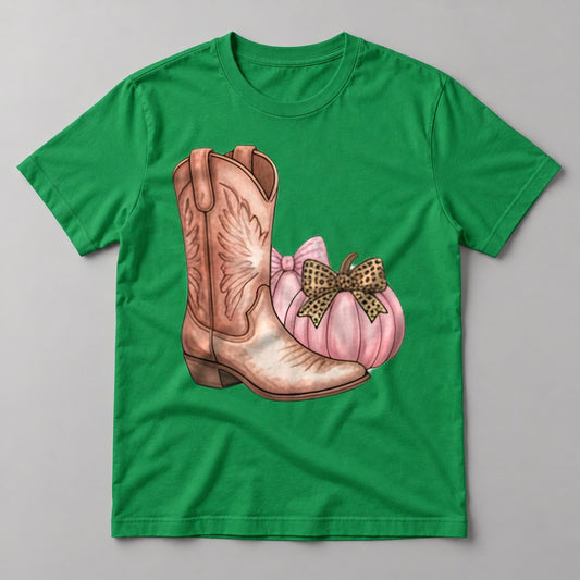 Pink Cowgirl Boot & Pumpkin tee in Kelly Green