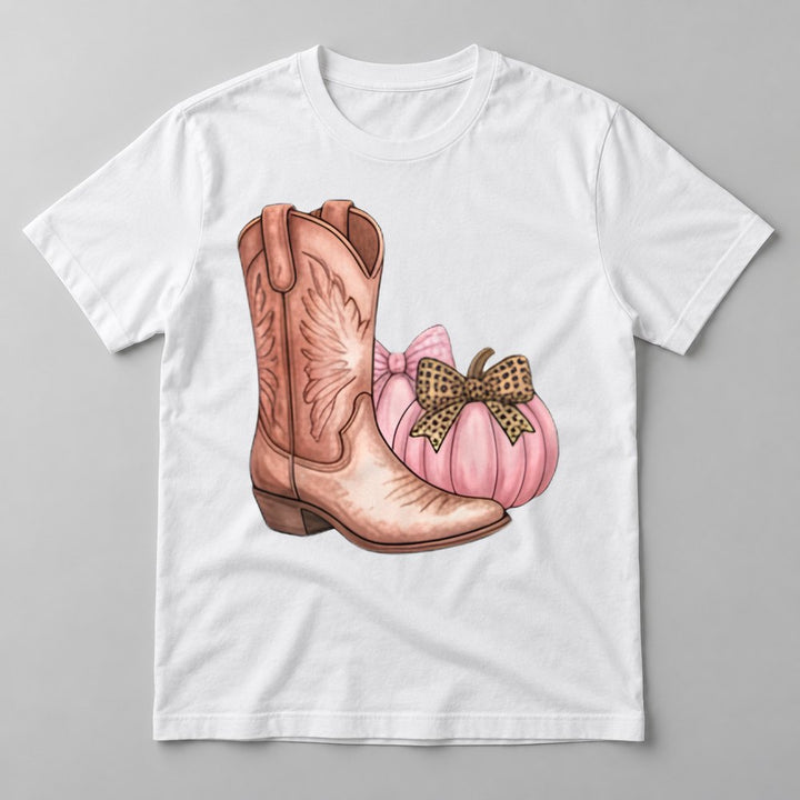 Pink Cowgirl Boot & Pumpkin tee in White