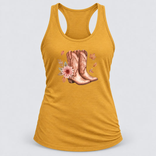 Pink Cowgirl Boots racerback tank in Antique Gold