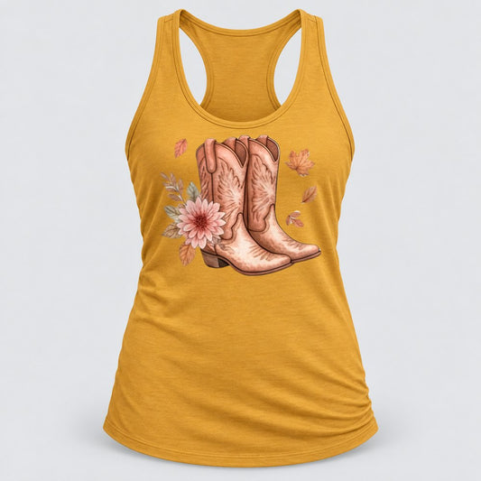 Pink Cowgirl Boots racerback tank in Antique Gold