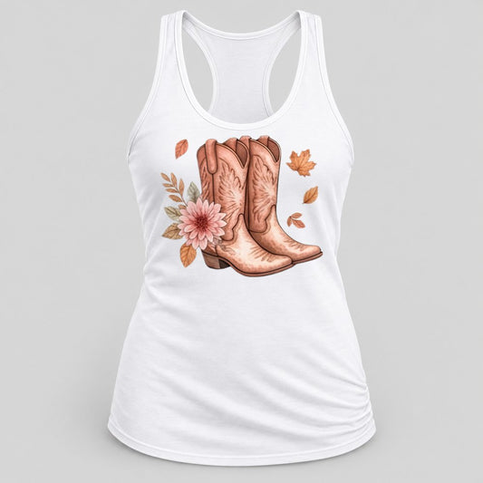 Pink Cowgirl Boots racerback tank in White