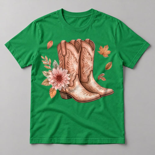 Pink Cowgirl Boots tee in Kelly Green