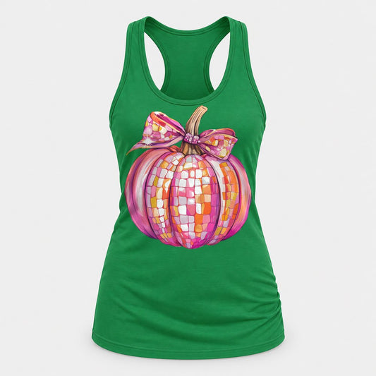 Pink Disco Pumpkin racerback tank in Kelly Green