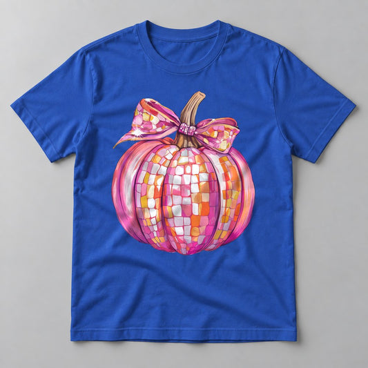 Pink Disco Pumpkin pressed on a True Royal tee