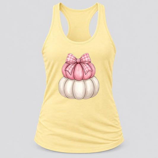 Pink Gingham Bow Pumpkins racerback tank in Banana Cream