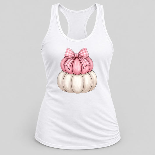 Pink Gingham Bow Pumpkins racerback tank in White