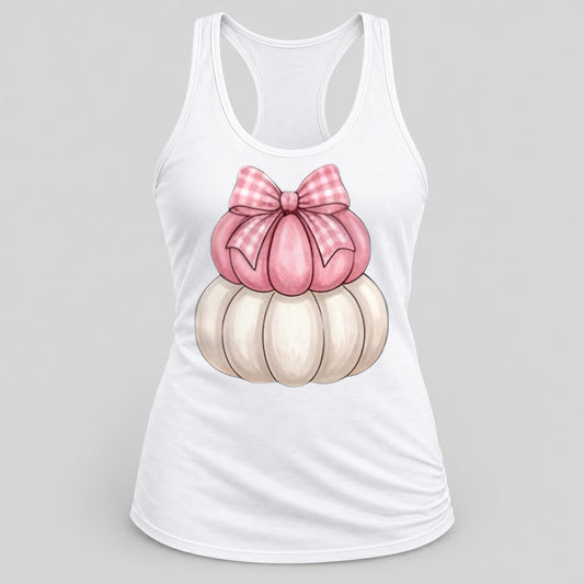 Pink Gingham Bow Pumpkins racerback tank in White