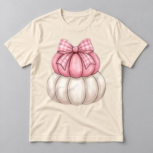 Pink Gingham Bow Pumpkins tee in Natural