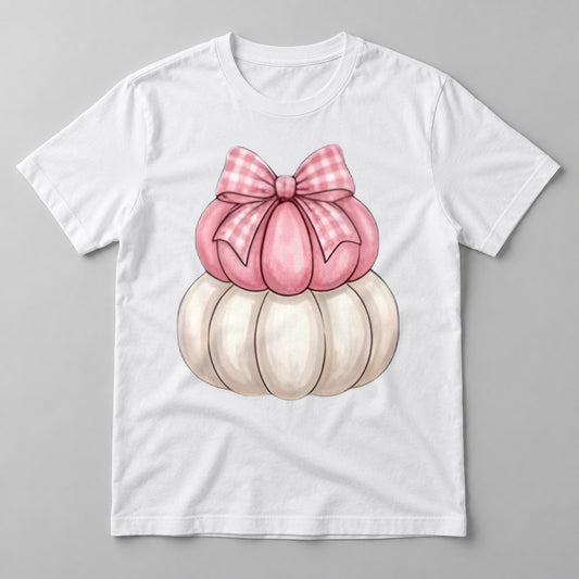 Pink Gingham Bow Pumpkins tee in White