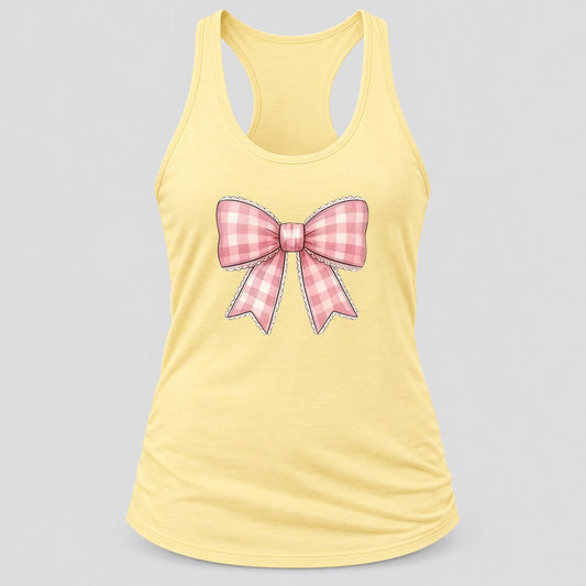 Pink Gingham Coquette Bow racerback tank in Banana Cream