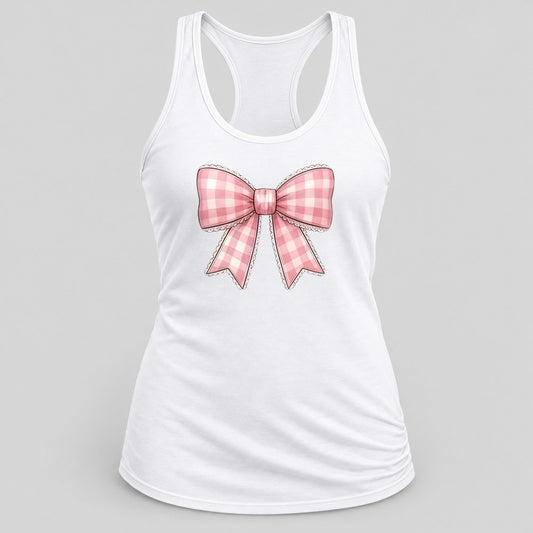 Pink Gingham Coquette Bow racerback tank in White