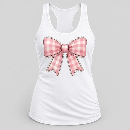 Pink Gingham Coquette Bow racerback tank in White