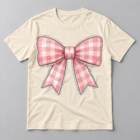 Pink Gingham Coquette Bow tee in Natural