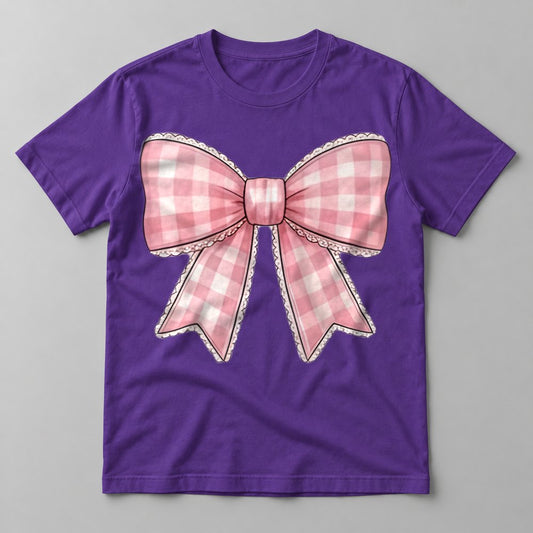 Pink Gingham Coquette Bow tee in Team Purple