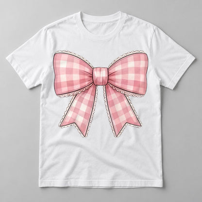 Pink Gingham Coquette Bow tee in White