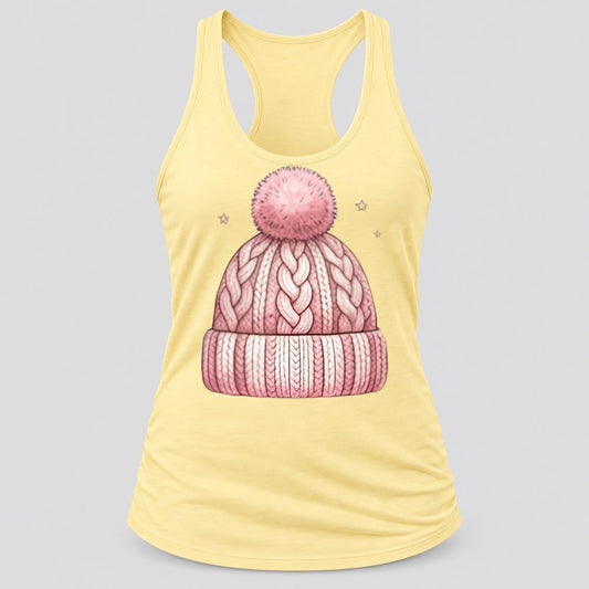 Pink Knit Beanie racerback tank in Banana Cream
