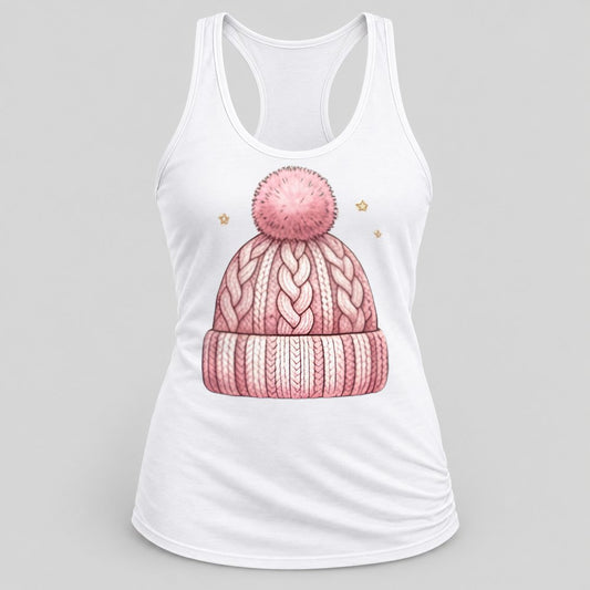 Pink Knit Beanie racerback tank in White