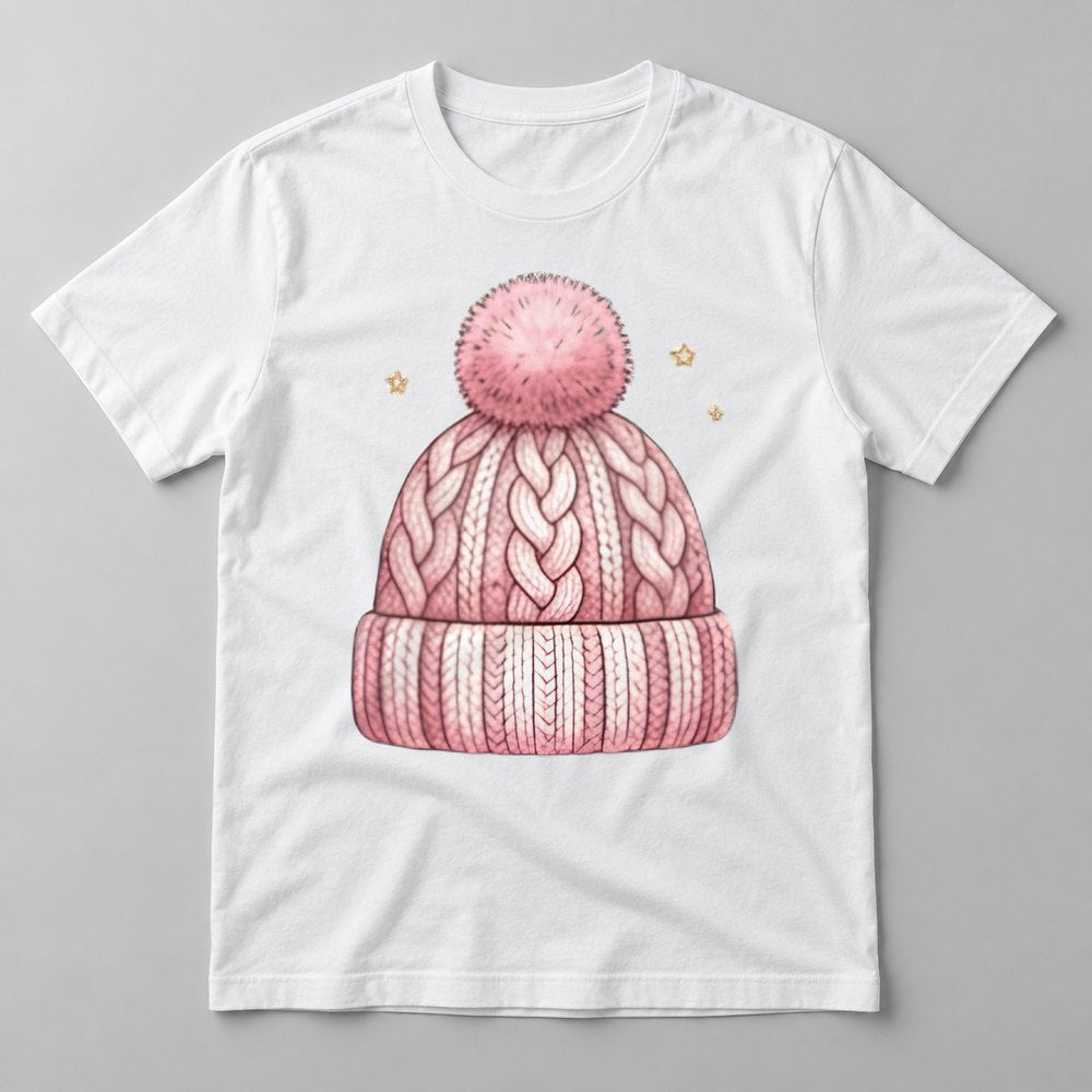 Pink Knit Beanie tee in White