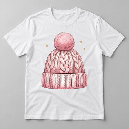 Pink Knit Beanie tee in White