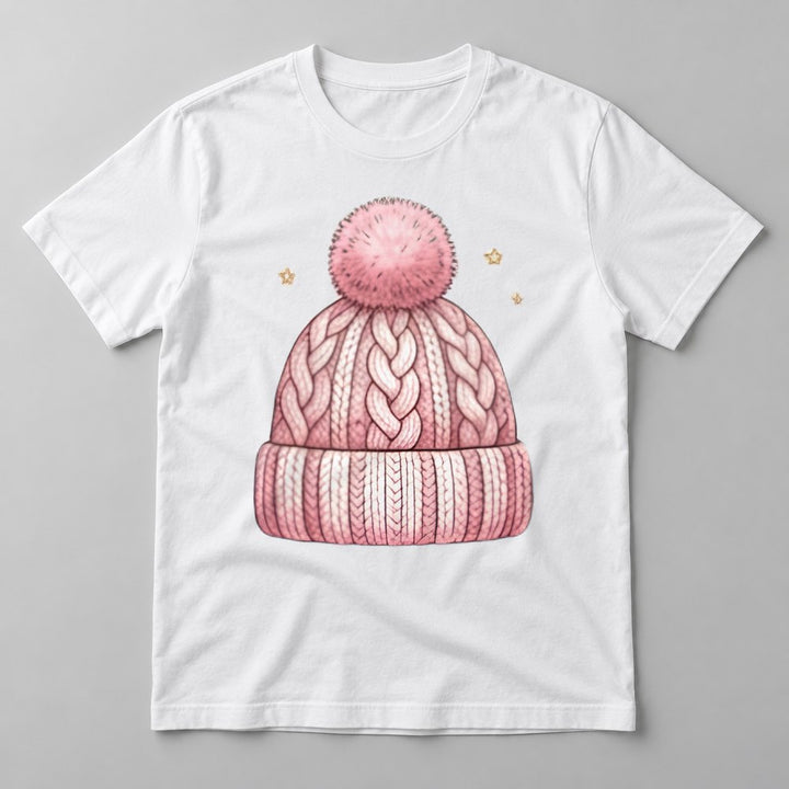 Pink Knit Beanie tee in White