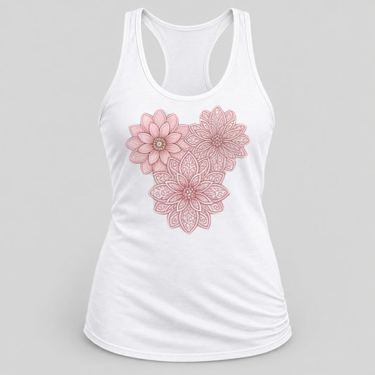 Pink Lace Mandala Heart racerback tank in White