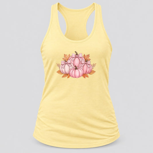 Pink Pumpkin Patch Bows racerback tank in Banana Cream