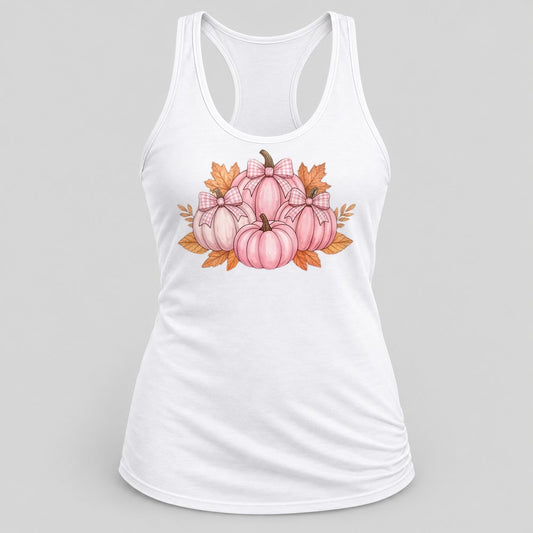 Pink Pumpkin Patch Bows racerback tank in White