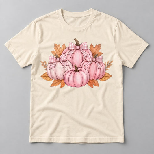 Pink Pumpkin Patch Bows tee in Natural