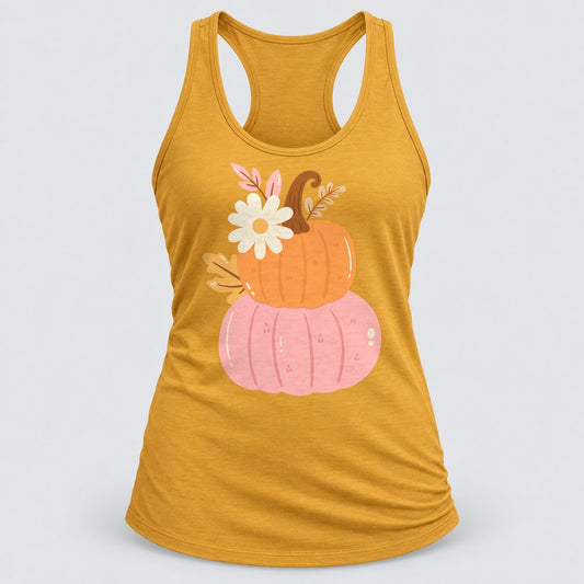 Pink Pumpkin Stack Daisy racerback tank in Antique Gold