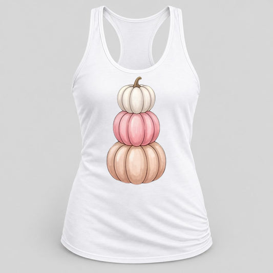 Pink Pumpkin Stack racerback tank in White