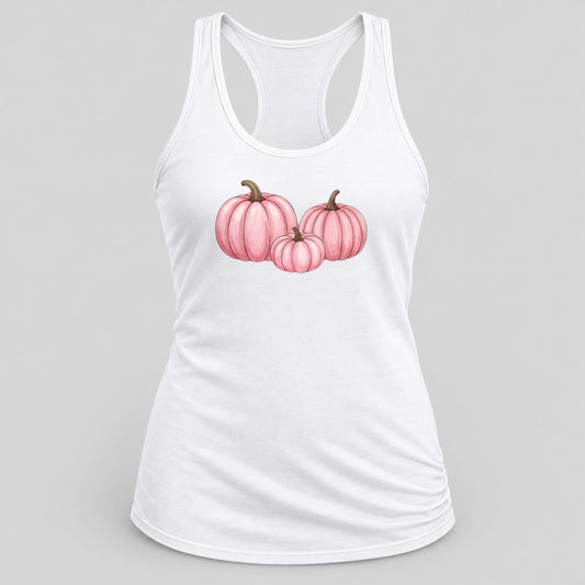 Pink Pumpkin Trio racerback tank in White