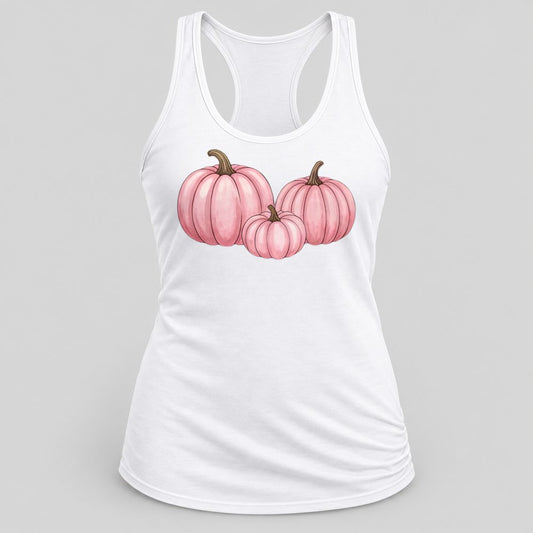 Pink Pumpkin Trio racerback tank in White