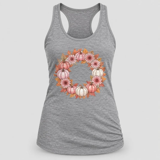 Pink Pumpkin Wreath racerback tank in Heather Grey