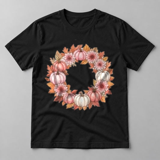 Pink Pumpkin Wreath tee in Black
