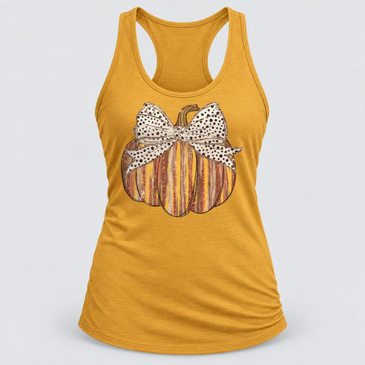Polka Dot Bow Pumpkin racerback tank in Antique Gold
