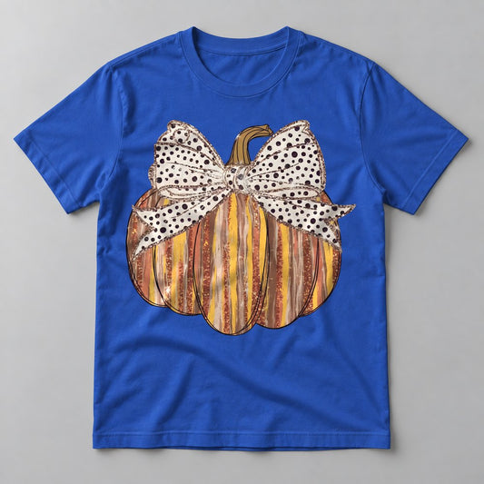 Polka Dot Bow Pumpkin pressed on a True Royal tee