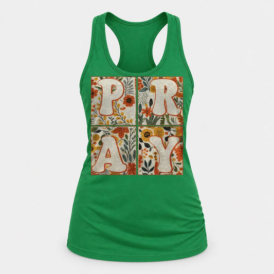 Pray Floral racerback tank in Kelly Green