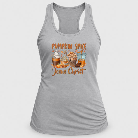 Pumpkin Spice & Jesus Christ racerback tank in Silver