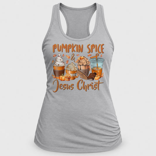 Pumpkin Spice & Jesus Christ racerback tank in Silver