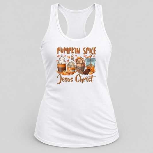 Pumpkin Spice & Jesus Christ racerback tank in White