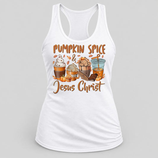 Pumpkin Spice & Jesus Christ racerback tank in White