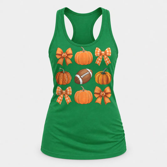 Pumpkins, Bows & Football racerback tank in Kelly Green