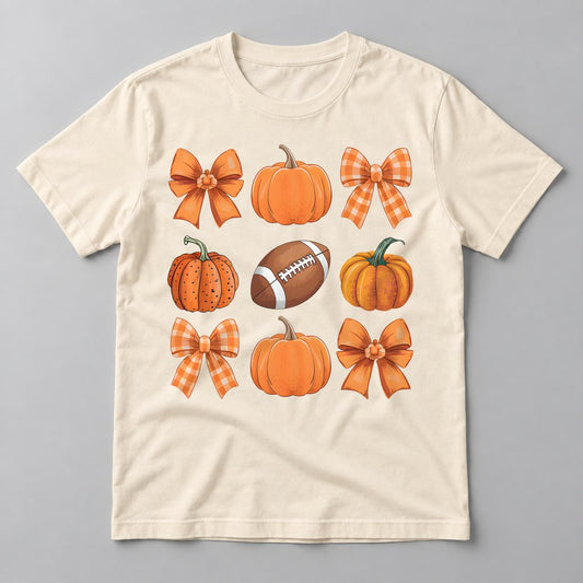 Pumpkins, Bows & Football tee in Natural