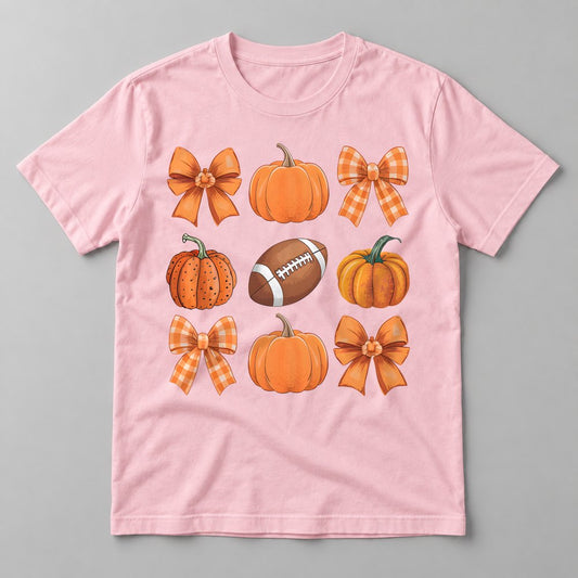 Pumpkins, Bows & Football tee in Soft Pink