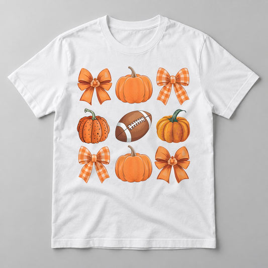 Pumpkins, Bows & Football pressed on a White tee