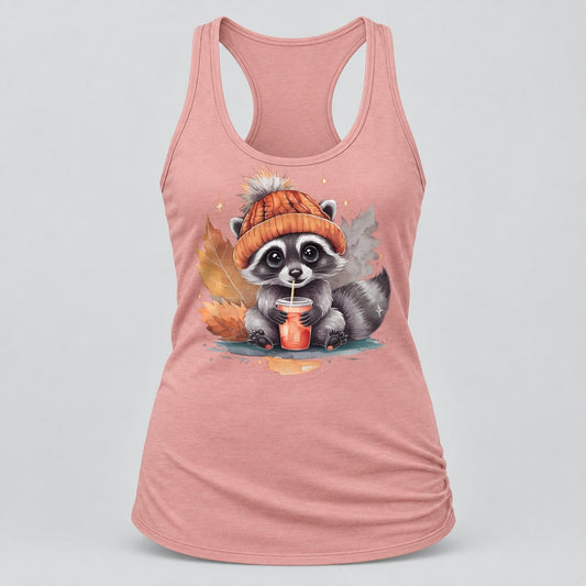 Raccoon in a Beanie racerback tank in Desert Pink