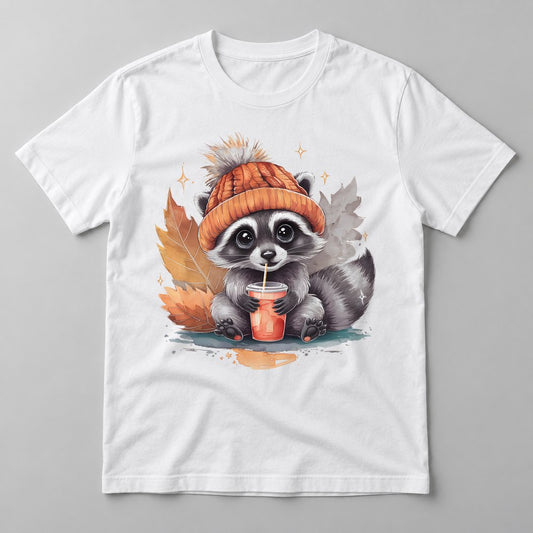 Raccoon in a Beanie pressed on a White tee