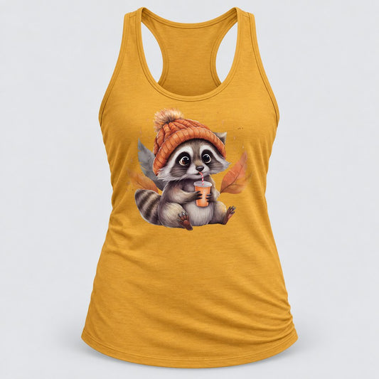 Raccoon Pumpkin Spice racerback tank in Antique Gold