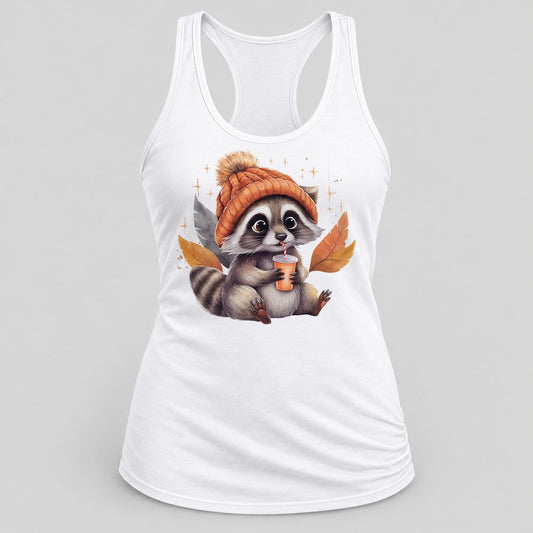 Raccoon Pumpkin Spice racerback tank in White